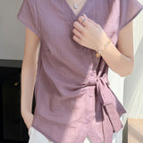 Elegant Commuter Asymmetric Button Tie Waist Blouse