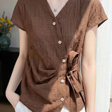 Elegant Commuter Asymmetric Button Tie Waist Blouse