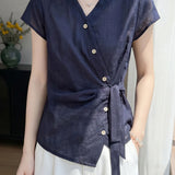 Elegant Commuter Asymmetric Button Tie Waist Blouse