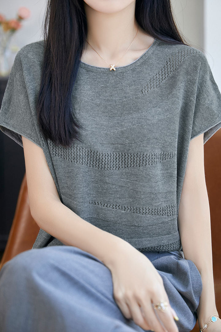 Elegant Commuter Wavy Hollow-out Short Sleeve Knit Top