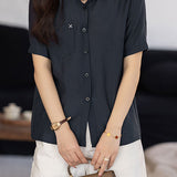 Casual Commuter Single Pocket Embroidered Color Contrast Lapel Blouse