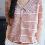 Elegant Commuter Tencel Stripe Jacquard Lapel Knit Top