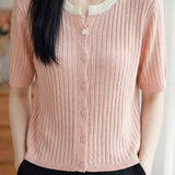 Casual Color Contrast Collar Contrast Button Ribbed Knit Top