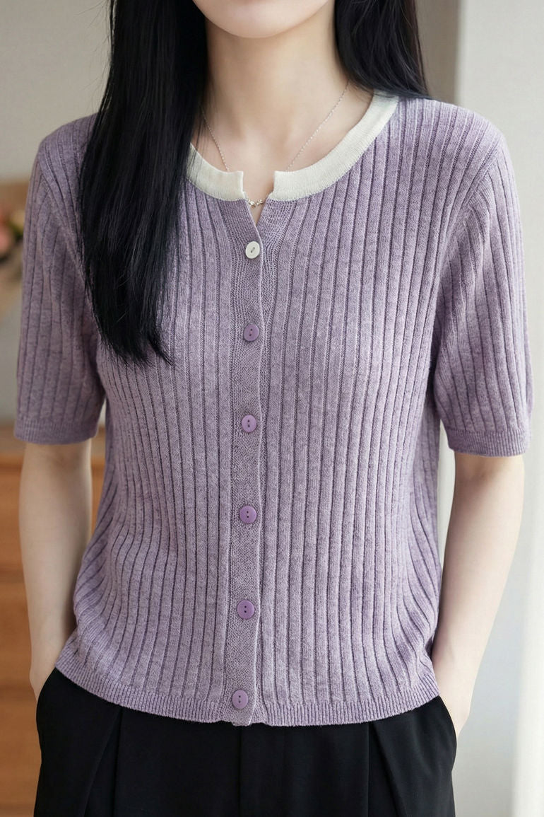 Casual Color Contrast Collar Contrast Button Ribbed Knit Top
