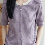 Casual Color Contrast Collar Contrast Button Ribbed Knit Top