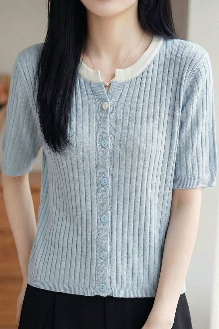 Casual Color Contrast Collar Contrast Button Ribbed Knit Top
