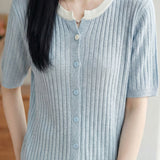 Casual Color Contrast Collar Contrast Button Ribbed Knit Top
