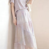 Elegant Commuter Satin Blouse & Gradient Flared Midi Skirt Two-piece Set