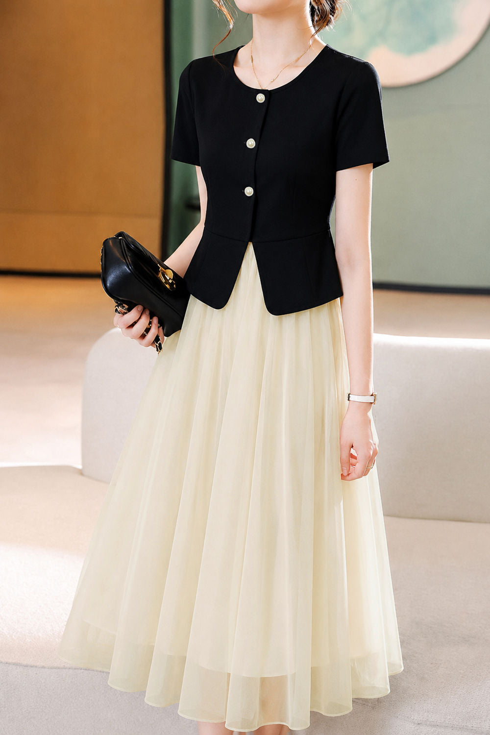 Elegant Commuter Fake Two-piece Spliced Mesh Dress