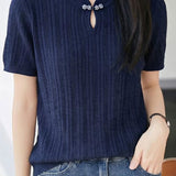 Elegant Commuter Frog Button Hollow-out Short Sleeve Knit Top
