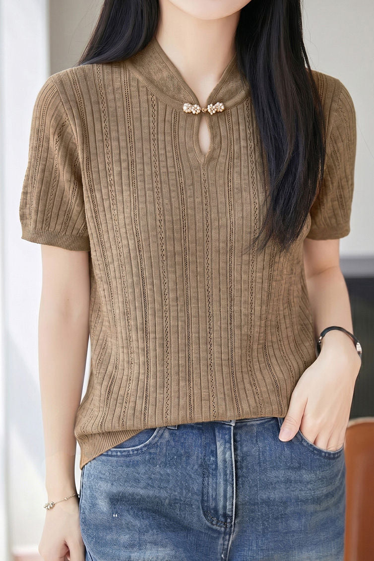 Elegant Commuter Frog Button Hollow-out Short Sleeve Knit Top