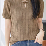 Elegant Commuter Frog Button Hollow-out Short Sleeve Knit Top