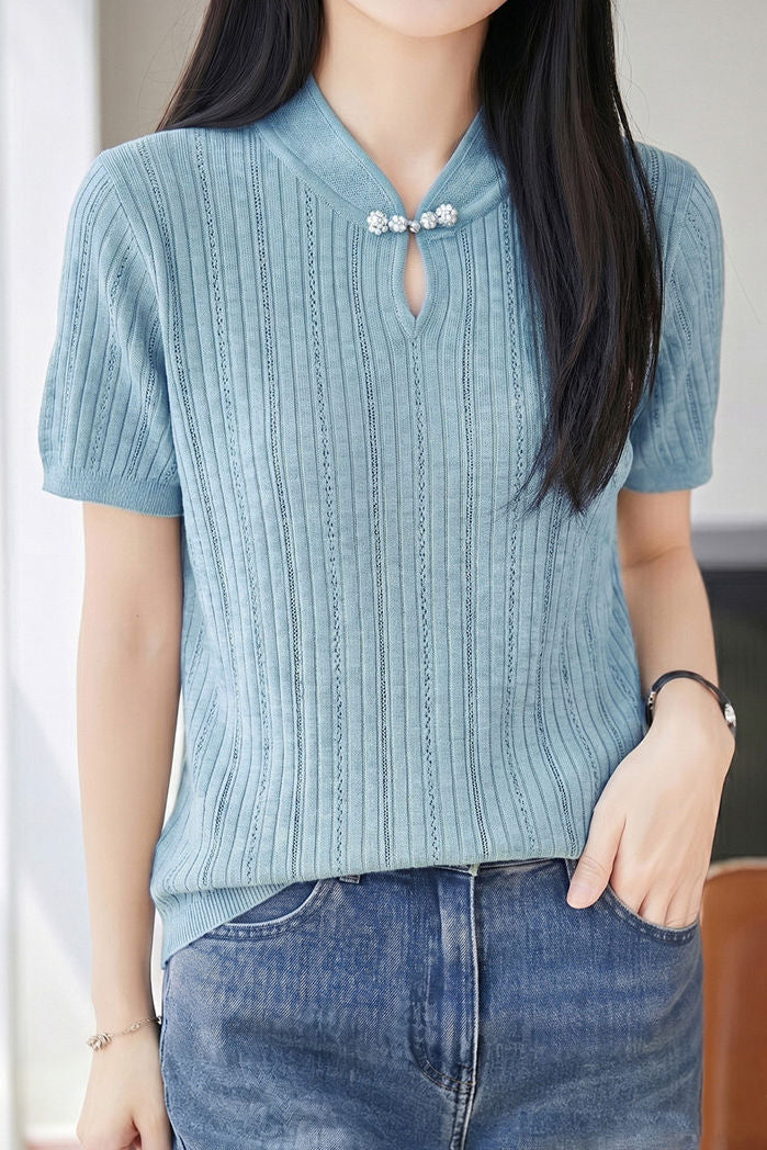 Elegant Commuter Frog Button Hollow-out Short Sleeve Knit Top