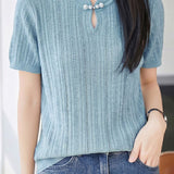 Elegant Commuter Frog Button Hollow-out Short Sleeve Knit Top