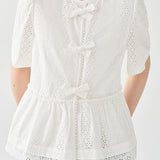 Gentle Commuter Embroidered Bow Waist-cinched Blouse