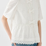 Gentle Commuter Embroidered Bow Waist-cinched Blouse