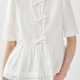 Gentle Commuter Embroidered Bow Waist-cinched Blouse