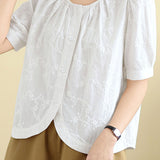Elegant Commuter Floral Embroidered Crew Neck Blouse