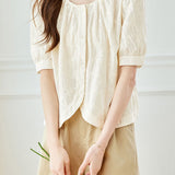 Elegant Commuter Floral Embroidered Crew Neck Blouse