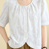 Elegant Commuter Floral Embroidered Crew Neck Blouse