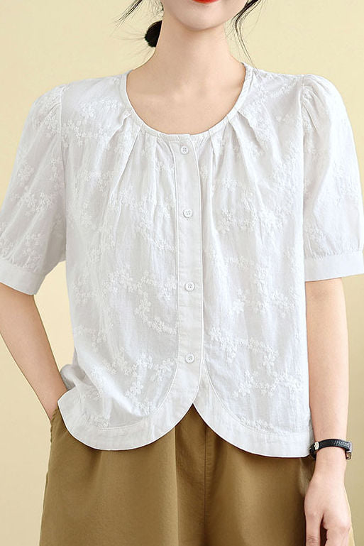 Elegant Commuter Floral Embroidered Crew Neck Blouse