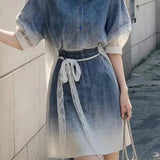 Elegant Commuter Gradient Tie-dye Blouse & Mini Skirt Two-piece Set