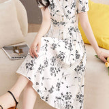 French Elegant Chiffon V-neck Floral Short Sleeve Dress