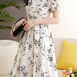 French Elegant Chiffon V-neck Floral Short Sleeve Dress
