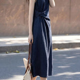Vintage Elegant Crew Neck Sleeveless Twisted Waist-cinched Denim Dress