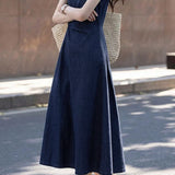 Vintage Elegant Crew Neck Sleeveless Twisted Waist-cinched Denim Dress