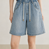 Casual Minimalist Elastic Drawstring Wide-leg Denim Shorts