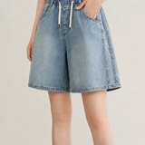 Casual Minimalist Elastic Drawstring Wide-leg Denim Shorts