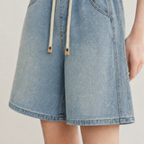 Casual Minimalist Elastic Drawstring Wide-leg Denim Shorts