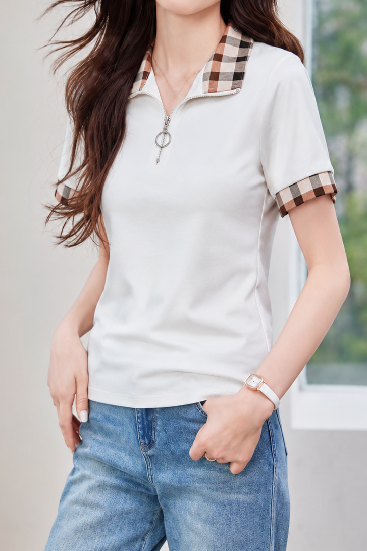 Casual Commuter Plaid Spliced Zip-up T-shirt