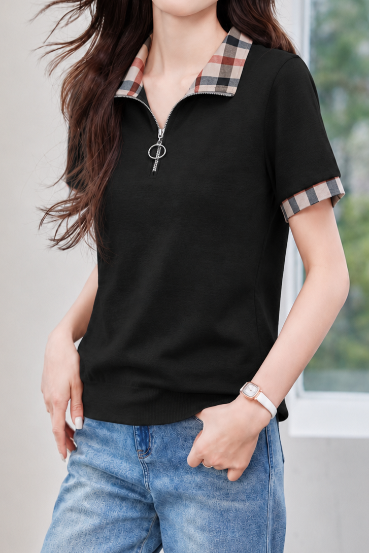 Casual Commuter Plaid Spliced Zip-up T-shirt
