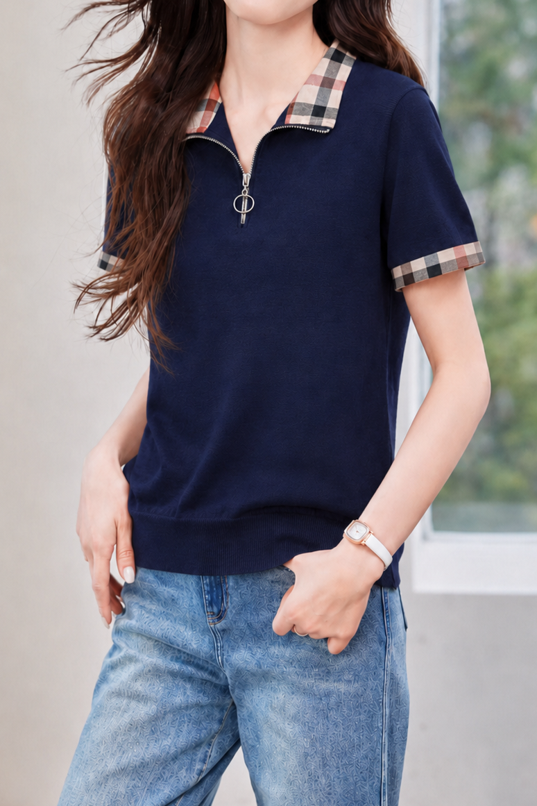 Casual Commuter Plaid Spliced Zip-up T-shirt