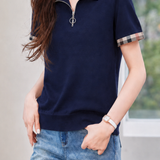 Casual Commuter Plaid Spliced Zip-up T-shirt