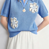 Fresh Commuter Floral Embroidered Short Sleeve Knit Top