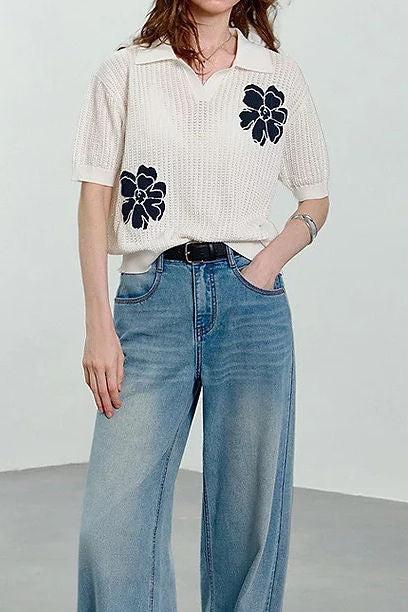 Fresh Commuter Floral Embroidered Short Sleeve Knit Top