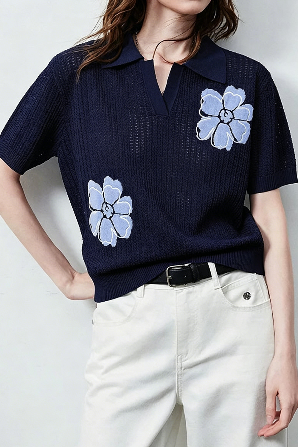 Fresh Commuter Floral Embroidered Short Sleeve Knit Top