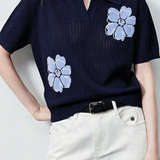 Fresh Commuter Floral Embroidered Short Sleeve Knit Top
