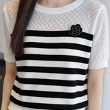 Delicate Elegant Striped Regular Shoulder Camellia Short Sleeve Knit Top