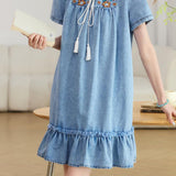 Casual Elegant U-neck Tie Embroidered Denim Dress