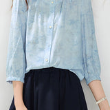 French Elegant Ruffle Collar Single-breasted Printed Mid-sleeve Blouse