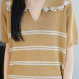 Gentle Commuter Lace Trim Striped Knit T-shirt
