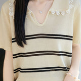 Gentle Commuter Lace Trim Striped Knit T-shirt