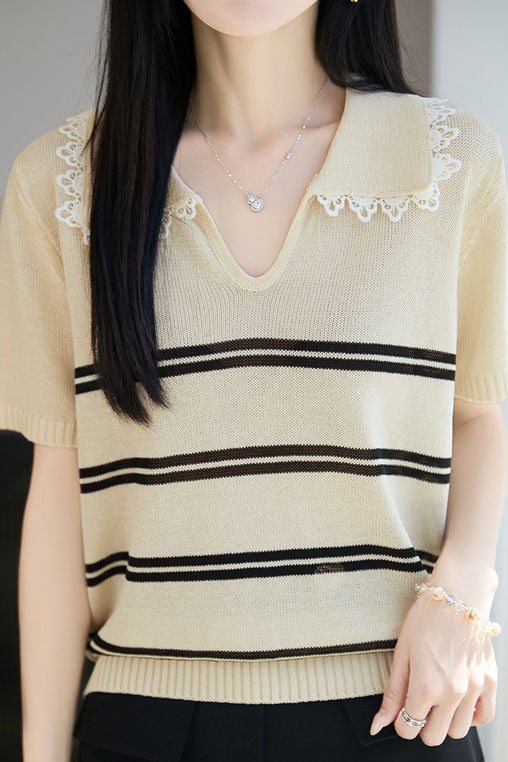 Gentle Commuter Lace Trim Striped Knit T-shirt