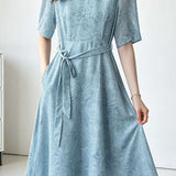 Elegant Commuter Jacquard Sequin Tie Waist Dress