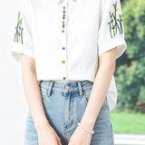Casual Fresh Floral & Plant Embroidered 100% Cotton Blouse