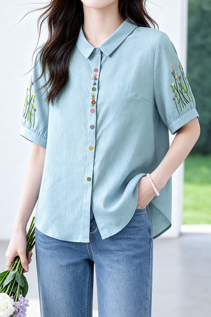 Casual Fresh Floral & Plant Embroidered 100% Cotton Blouse